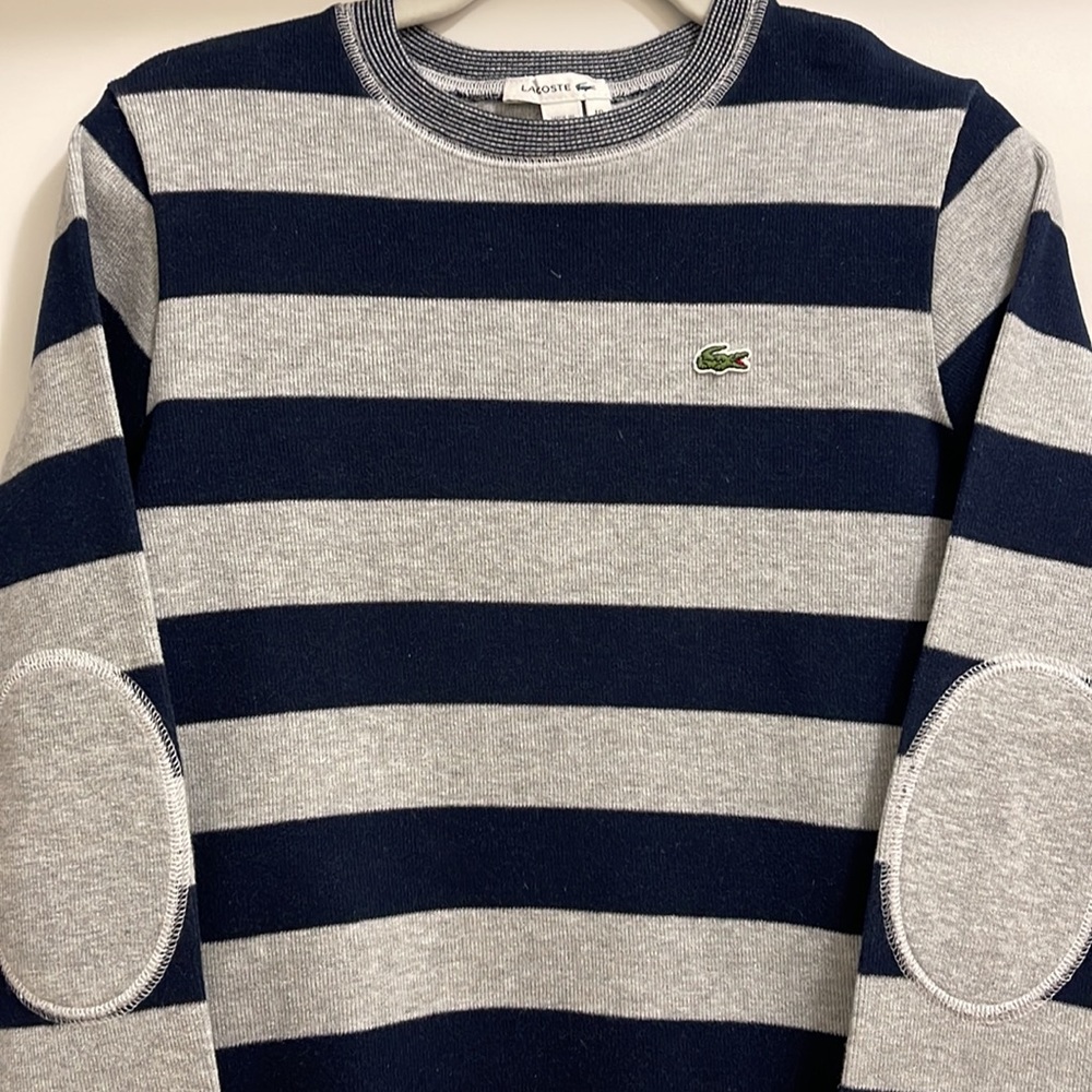 Lacoste Navy and Gray Striped Crewneck Sweater